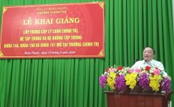 Đ/c Phan Xuân Linh, Bí thư Đảng ủy, Hiệu trưởng Trường Chính trị tỉnh phát biểu khai giảng các lớp học